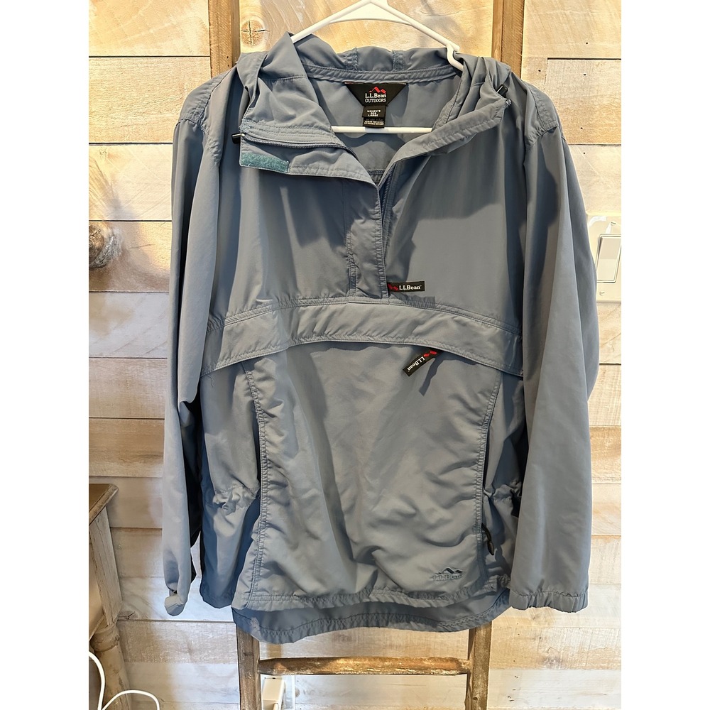 LL Bean Outdoors Anorak Windbreaker Jacket Blue Womens Large OMV92 Half Zip Hood